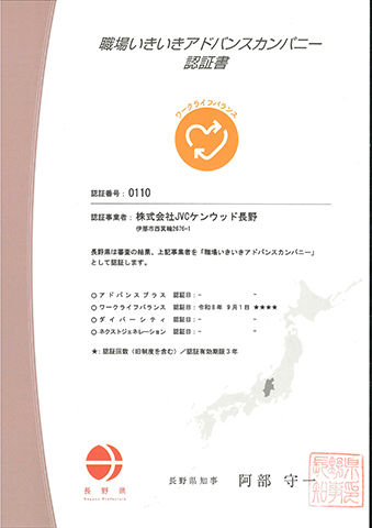 職場いきいきアドバンスカンパニー認証書